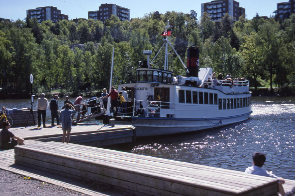 Angantyr är en vitmålad skärgårdsbåt som ligger vid en brygga med landgången utfälld från fördäck. Längs med barbordsida syns en inglasad salong. På övre däck sticker styrhytten upp i fören, bakom den syns den svarta skorstenen och akterut ett soldäck med passagerare. 