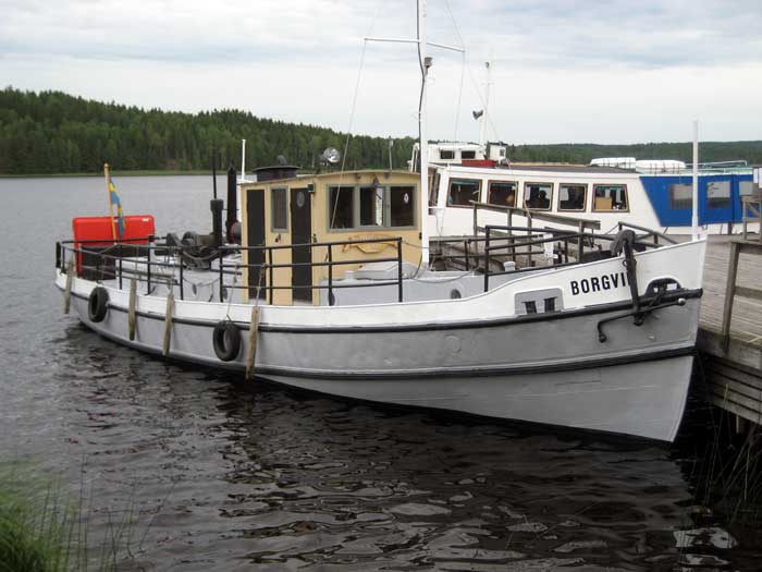 Bogserbåten Borgvik har sin gula styrhytt midskepps samt vitt skrov med svarta detaljer. Hon har ett ankare uppdraget i fören och längs med styrbordssida syns några däck och mindre stockar som fendrar eller så kallade frihult.