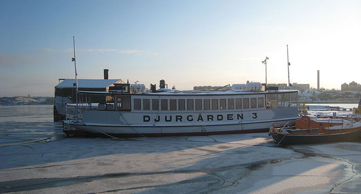 Ångfärjan Djurgården tre är likadant utformad i fören och aktern. Hon består till stora delar av passagerarutrymmen. Fartyget är vitmålat med sitt namn i stora bokstäver längs sidan. Fotot är en vinterbild där Djurgården tre ligger förtöjd. 