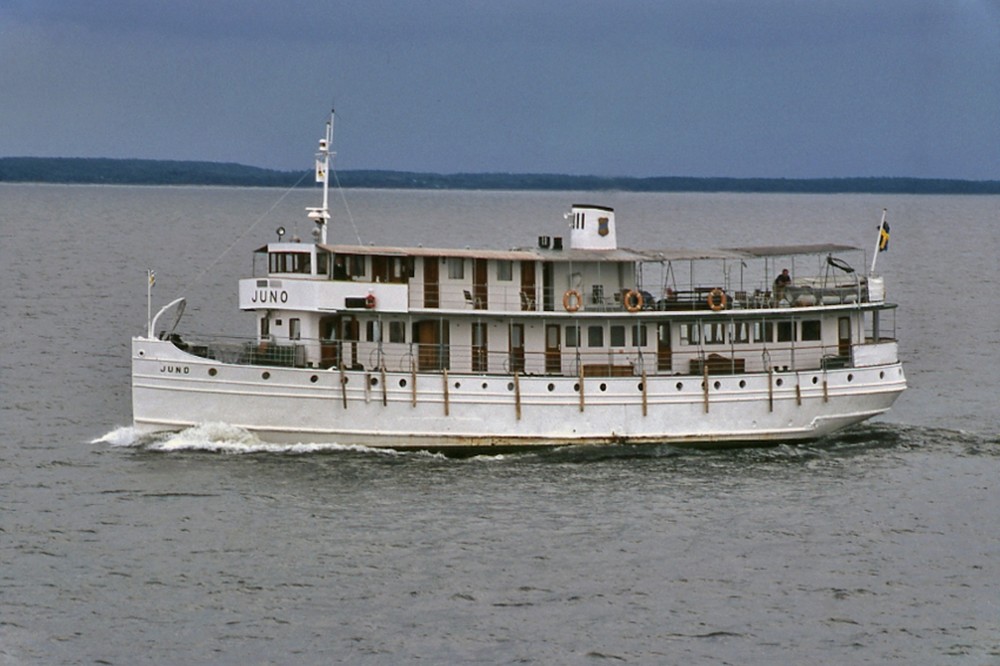 Juno är ett vitmålat passagerarfartyg med två våningar över däck, varav tjugo ventiler indikerar det nedre däcket. Den övre våningens akterdel är öppet med ett enkelt plåttak. På bilden är Juno ute till sjöss med kustlinjen i bakgrunden. 